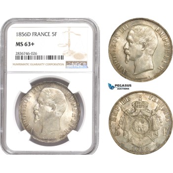 AE252, France, Napoleon III, 5 Francs 1856-D, Lyon, Silver, NGC MS63+, Pop 1/1, Rare!