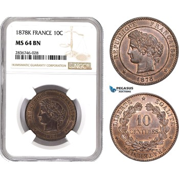 AE254, France, Third Republic, 10 Centimes 1878-K, Bordeaux, NGC MS64BN, Pop 1/0, Rare!