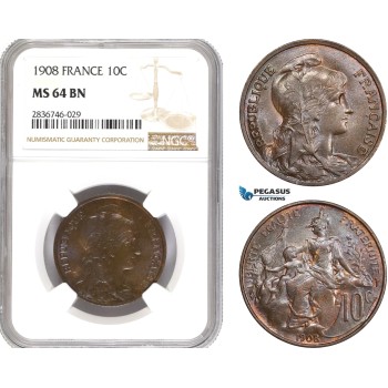 AE255, France, Third Republic, 10 Centimes 1908, NGC MS64BN, Pop 2/0