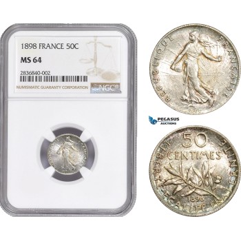 AE256, France, Third Republic, 50 Centimes 1898, Silver, NGC MS64