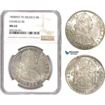 AE265, Mexico, Charles IV, 8 Reales 1808 Mo TH, Mexico City, Silver, NGC MS62