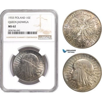 AE269, Poland, 10 Zlotych 1933 (Queen Jadwiga) Silver, NGC MS62