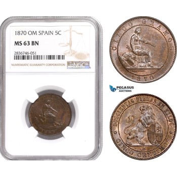 AE285, Spain, Provisional Government, 5 Centimos 1870-OM, Barcelona, NGC MS63BN
