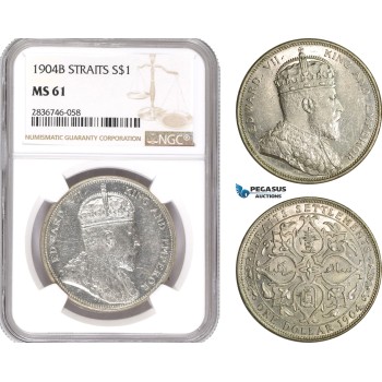 AE288, Straits Settlements, Edward VII, 1 Dollar 1904-B, Bombay, Silver, NGC MS61