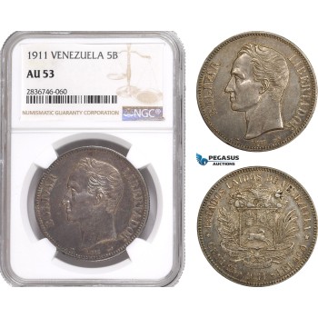 AE289, Venezuela, 5 Bolivares 1911, Paris, Silver, NGC AU53