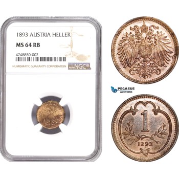 AE294, Austria, Franz Joseph, 1 Heller 1893, Vienna, NGC MS64RB