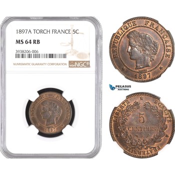 AE309-R, France, Third Republic, 5 Centimes 1897-A, Paris, NGC MS64RB