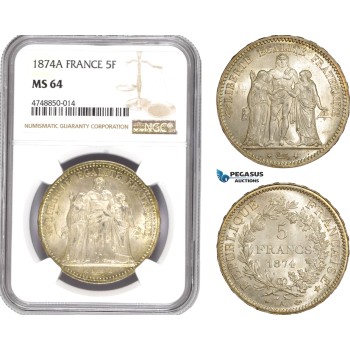 AE312, France, Third Republic, 5 Francs 1874-A, Paris, Silver, NGC MS64