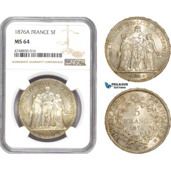 AE313, France, Third Republic, 5 Francs 1876-A, Paris, Silver, NGC MS64