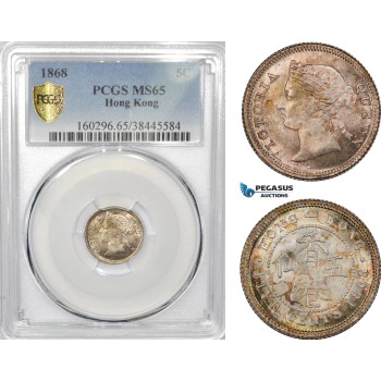AE316, Hong Kong, Victoria, 5 Cents 1868, London, Silver, PCGS MS65