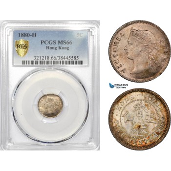 AE317, Hong Kong, Victoria, 5 Cents 1880-H, Heaton, Silver, PCGS MS66