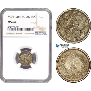 AE326, Japan, Meiji, 10 Sen Yr. 38 (1905) Silver, NGC MS64