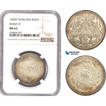AE344, Thailand, Rama IV, 1 Baht ND (1860) Silver, NGC MS63, Rare!