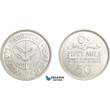 AE373, Palestine, 50 Mils 1934, London, Silver, Cleaned XF-AU