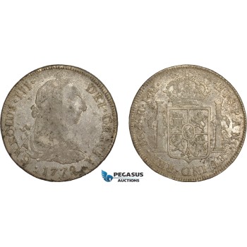 AE374, Peru, Charles III, 8 Reales 1772 LIMA JM, Silver Portrait Type F