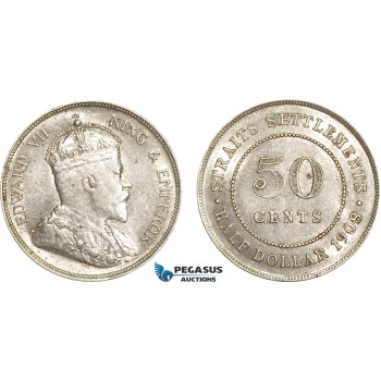 AE385, Straits Settlements, Edward VII, 50 Cents 1908, Silver, Lustrous XF-AU