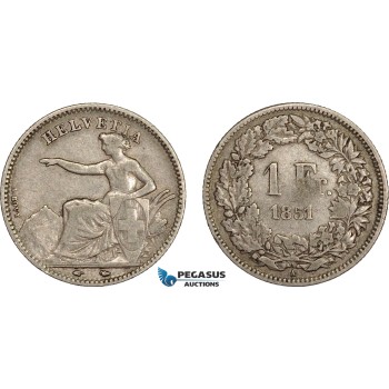 AE387, Switzerland, 1 Franc 1851-A, Paris, Silver, Fine