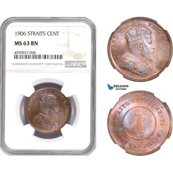AE396, Straits Settlements, Edward VII, 1 Cent 1906, NGC MS63BN (Undergraded) Very Rare!