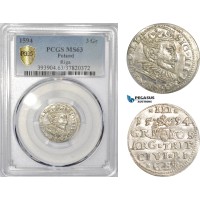 AE423, Latvia, Sigismund III. of Poland, 3 Groschen (Trojak) 1594, Riga, Silver, PCGS MS63 AE423, Latvia, Sigismund III. of Poland, 3 Groschen (Trojak) 1594, Riga, Silver, PCGS MS63