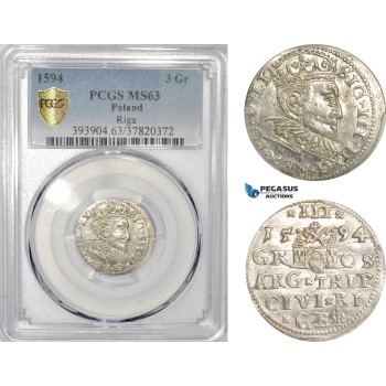 AE423, Latvia, Sigismund III. of Poland, 3 Groschen (Trojak) 1594, Riga, Silver, PCGS MS63