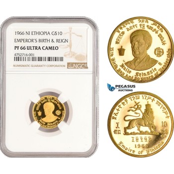 AE461, Ethiopia, Haile Selassie, Emperors Birth and Reign 10 Dollars 1966, Gold, NGC PF66UC