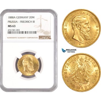 AE464, Germany, Prussia, Friedrich III, 20 Mark 1888-A, Berlin, Gold, NGC MS63