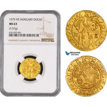 AE465, Hungary, Maximilian II, Ducat 1575 H-S, Kaschau, Gold (3.57g) NGC MS63, RRR!