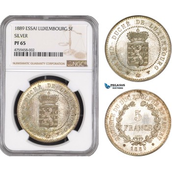 AE466, Luxembourg, Guillaume III, Essai 5 Francs 1889, Silver, NGC PF65, Pop 1/0, Very Rare!