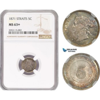 AE467, Straits Settlements, Victoria, 5 Cents 1871, Silver, NGC MS63+