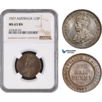 AE469, Australia, George V, 1/2 Penny 1927, NGC MS63BN