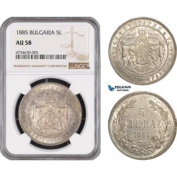 AE474, Bulgaria, Alexander I, 5 Leva 1885, St. Petersburg, Silver, NGC AU58