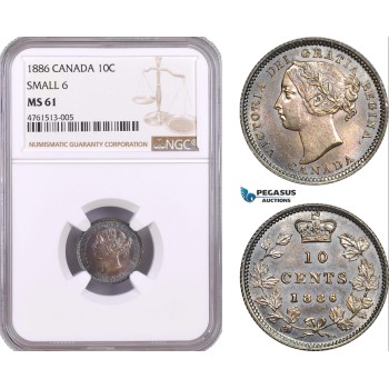 AE477, Canada, Victoria, 10 Cents 1886, Silver, Small 6, NGC MS61, Pop 1/1, Rare!