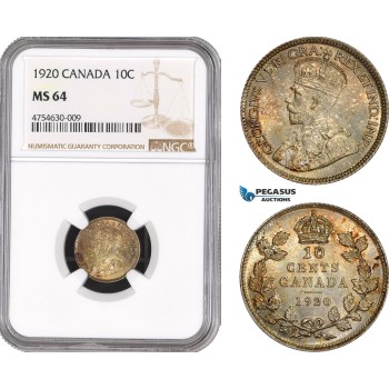 AE479, Canada, George V, 10 Cents 1920, Silver, NGC MS64