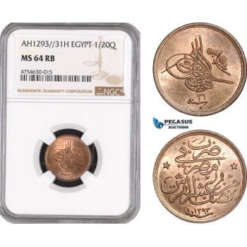AE485, Ottoman Empire, Egypt, Abdul Hamid II, 1/20 Qirsh AH1293/31-H, NGC MS64RB