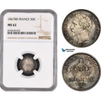 AE496, France, Napoleon III, 50 Centimes 1867-BB, Strasbourg, Silver, NGC MS62