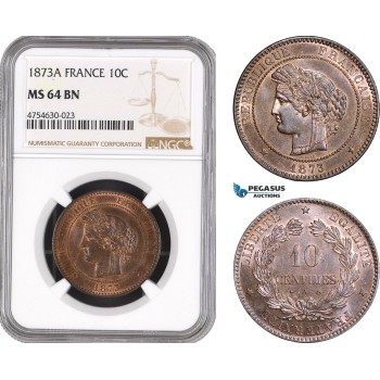 AE497, France, Third Republic, 10 Centimes 1873-A, Paris, NGC MS64BN