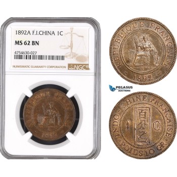 AE503, French Indo-China, 1 Centime 1892-A, Paris, NGC MS62BN