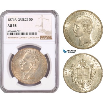 AE510, Greece, George I, 5 Drachmai 1876-A, Paris, Silver, NGC AU58