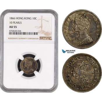 AE512, Hong Kong, Victoria, 10 Cents 1866, Silver, 10 Pearls NGC AU55