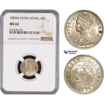 AE513, Hong Kong, Victoria, 10 Cents 1883-H, Heaton, NGC MS62, Pop 3/0, Rare!