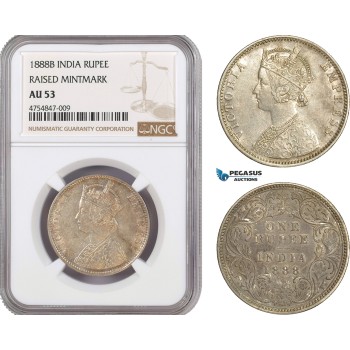 AE519, India (British) Victoria, Rupee 1888-B, Bombay, Silver, Raised mm. NGC AU53
