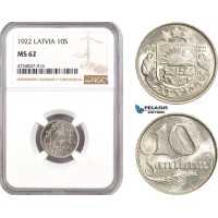 AE532, Latvia, 10 Santimi 1922, NGC MS62 AE532, Latvia, 10 Santimi 1922, NGC MS62