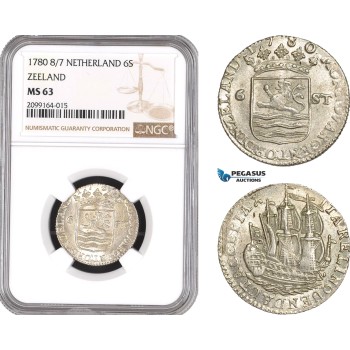 AE540, Netherlands, Zeeland, 6 Stuivers 1780 8/7, Silver, NGC MS63, Pop 1/0
