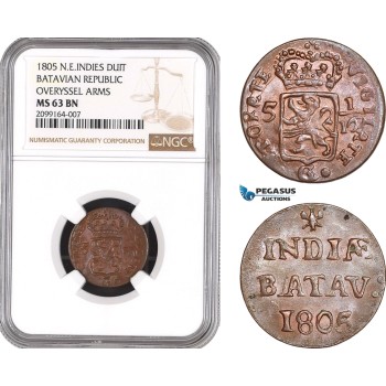 AE545, Netherlands East Indies, Batavian Republic, Duit 1805, Overyssel Arms, NGC MS63BN, Pop 1/0