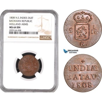 AE546, Netherlands East Indies, Batavian Republic, 1 Duit 1808, Holland Arms, NGC MS64BN