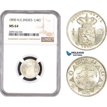 AE550, Netherlands East Indies, 1/4 Gulden 1890, Silver, NGC MS64, Pop 1/0, Prooflike!