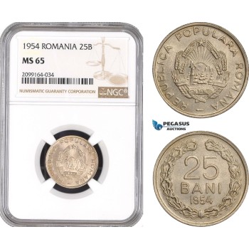 AE565, Romania, Peoples Republic, 25 Bani 1954, NGC MS65