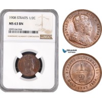 AE578, Straits Settlements, Edward VII, 1/2 Cent 1908, Silver, NGC MS63BN