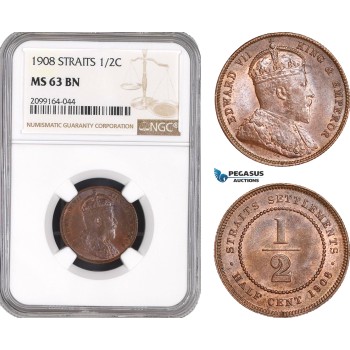 AE578, Straits Settlements, Edward VII, 1/2 Cent 1908, Silver, NGC MS63BN