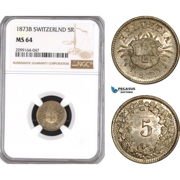 AE580, Switzerland, 5 Rappen 1873-B, Bern, Silver, NGC MS64, Top Pop